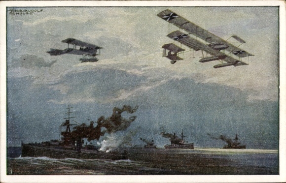 Artist Postcard Schulze, Hans Rudolf, Seaplanes over the English Fleet, World War I