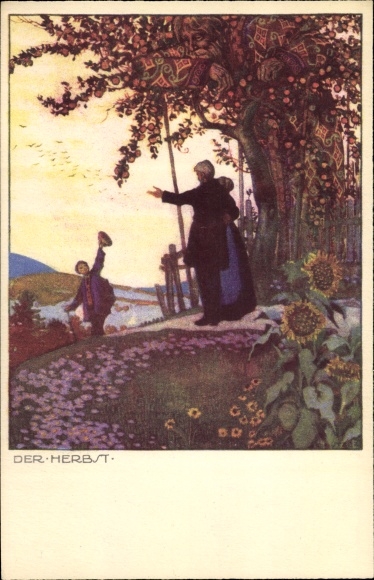 Postcard Allegory, Autumn, Tree, Bearded Man, Sunflowers