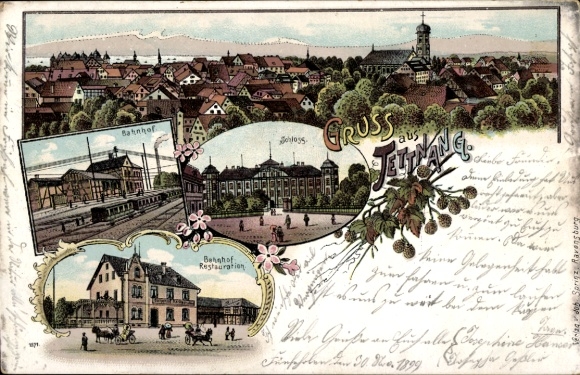 Litho Tettnang in Württemberg, Panorama, Bahnhof, Schloss, Bahnhof-Restauration