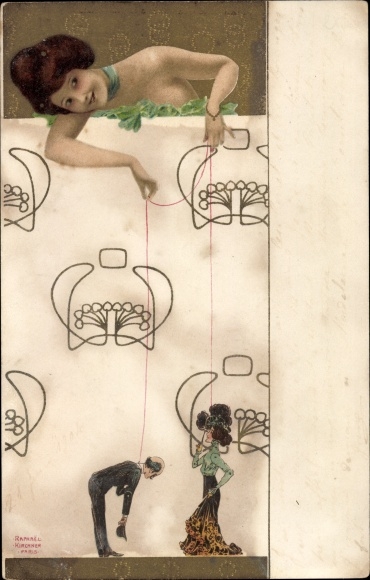 Art Nouveau kunstenaar ansichtkaart Kirchner, Raphael, dame met marionetten, geliefden