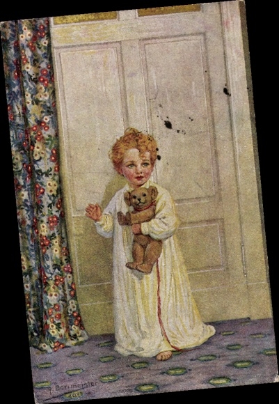 Artist Postcard R. Borrmeister, Good Morning, Child in Nightgown, Teddy Bear