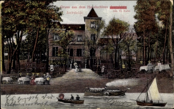 Postcard Berlin Reinickendorf Konradshöhe Tegelort Joersfelde Jörsfelde, Havel Castle Iversfelde, boats