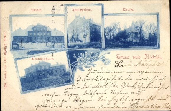 Postcard Niebüll in North Frisia, district court, church, hospital, school