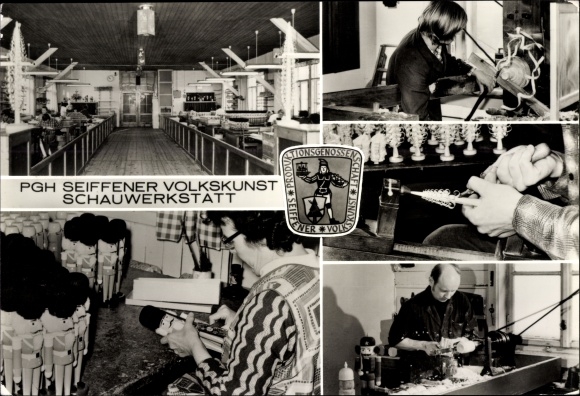 Postcard Seiffen in the Ore Mountains, PGH Seiffen folk art, demonstration workshop, turner, nutcracker