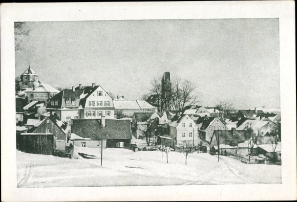 Postcard Schönberg Bad Brambach Vogtland, Hotel Deutsches Haus, mansion d. manor, church, winter