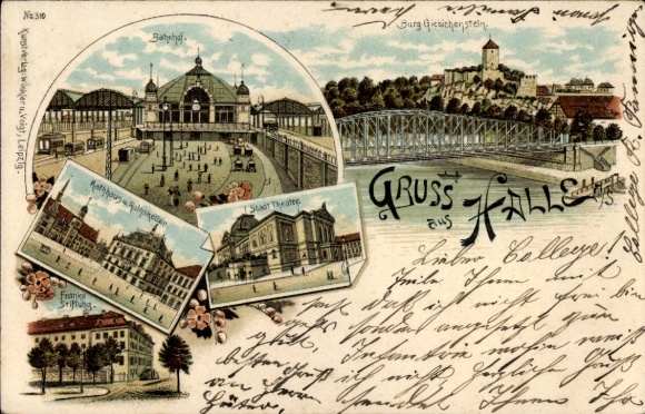 Chromo-Litho Halle an der Saale, train station, Burg Giebichenstein, theater, town hall, Franke Foundation