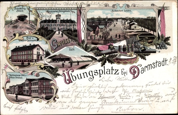 Chromo-Litho Darmstadt in Hesse, training ground, security stand, barrack camp, headquarters building