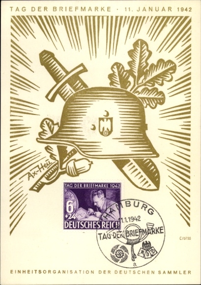 Kunstenaarsbriefkaart Axster Heudtlaß, Postzegeldag 1942, KdF