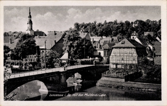 Postcard Lunzenau in Saxony, town view with Muldenbrücke and church