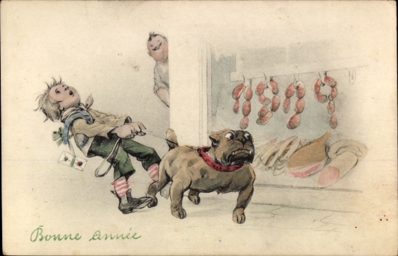 Ak Glückwunsch Neujahr, Kind, Bulldogge, Wurst, Fleisch, Fleischer