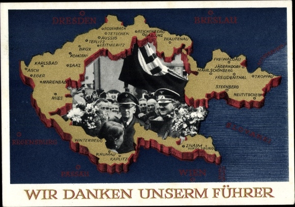Postal stationery Postcard We thank our leader, Sudetenland, Bohemia, Moravia, Hitler