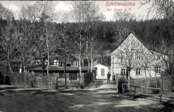 Ak Greiz im Vogtland Thüringen, Schlötenmühle, ländliche Szene,  Architektur, Bäume im Vordergrun