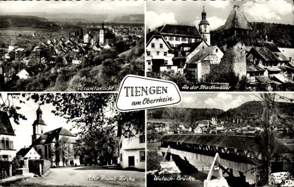 Postcard Tiengen am Oberrhein, general view, Tiengen, at the city wall, Peter Thumb Church, Wutach-Br