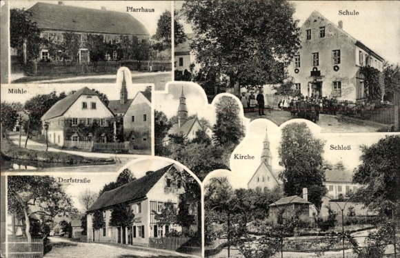 Ak Prietitz Elstra Oberlausitz, Pfarrhaus, Schule, Kirche, Schloss, Mühle, Dorfstraße