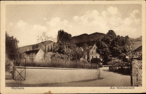 Postcard Müllheim in Baden Markgräflerland, landscape with hills, trees and houses, fence and entry...