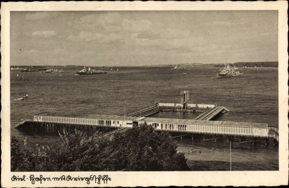 Postcard Kiel, bathing establishment, harbor, warships, navy
