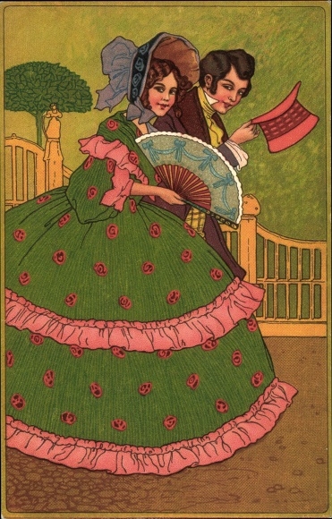 Chromo-Litho Elegant lady in a green dress with pink frills and flowers, man in tails, fan
