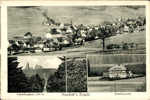 Ak Neudorf Sehmatal im Erzgebirge, Gesamtansicht, Fichtelberghaus, Bethlehemstift