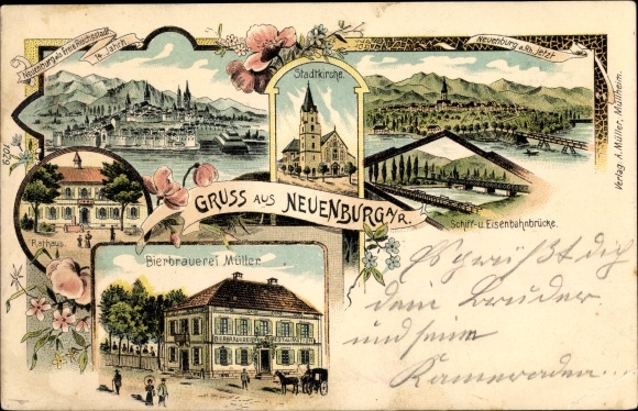 Chromo-Litho Neuenburg am Rhein Baden, ship bridge, town church, town hall, Müller brewery, panorama