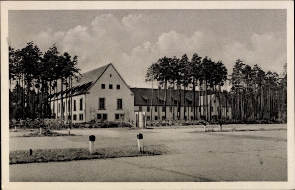 Postcard Hermsdorf in the Ore Mountains, picture of a building in the forest, fluffy clouds, neutral background