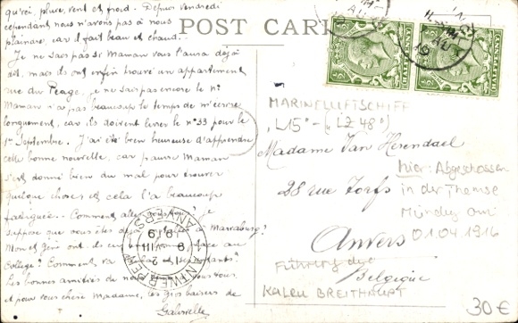 Postcard Zeppelin sinks in the Thames estuary, April 1916