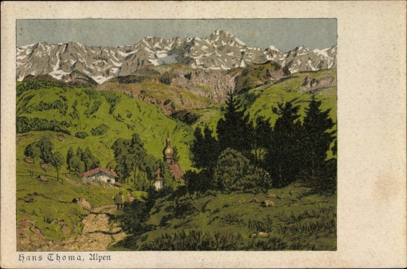 Artist PC Thoma, Hans, Alps, landscape motif, part of the way to a village, church