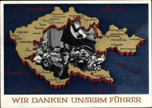 Postal stationery Postcard We thank our leader, Sudetenland, Bohemia, Moravia, Hitler