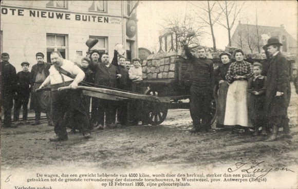 Postcard Wuestwezel Province of Antwerp, Hercules of Kempen, strong man pulls chariot of 4500 kilos weight