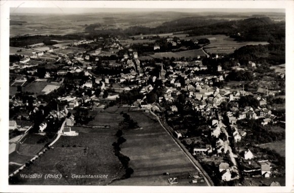 Postcard Waldbröl in the Oberbergisches Land, aerial view of the village, landscape with fields and forests
