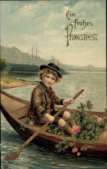 Embossed PC congratulations Pentecost, child in a rowing boat, lucky clover