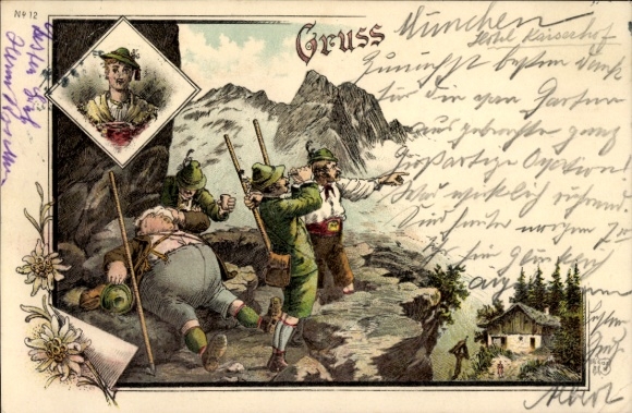 Chromo-Litho mountain landscape, hiker, humor