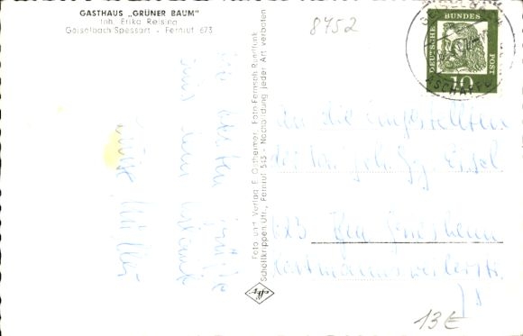 Ak Geiselbach in Neder-Franken, algemeen beeld, kerk, fontein, herberg Grüner Baum