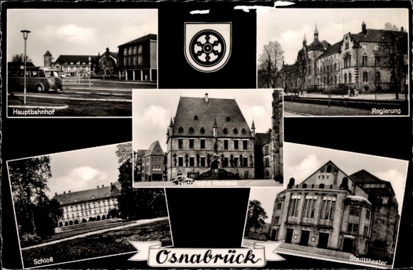 Ak Osnabrück in Niedersachsen, Hauptbahnhof, Regierung, Stadttheater, Schloss, Rathaus