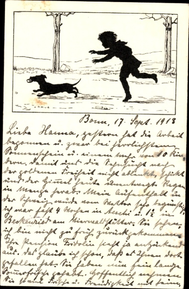 Paper cutting artist Postcard Carus, child chasing a dachshund