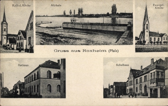 KP Roxheim in der Pfalz, kościół katolicki, ratusz, budynek szkoły, Stary Ren