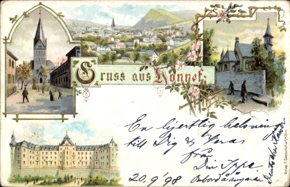 Chromo-Litho Bad Honnef in the Rhein Sieg district, street section, church, Hohenhonnef, town