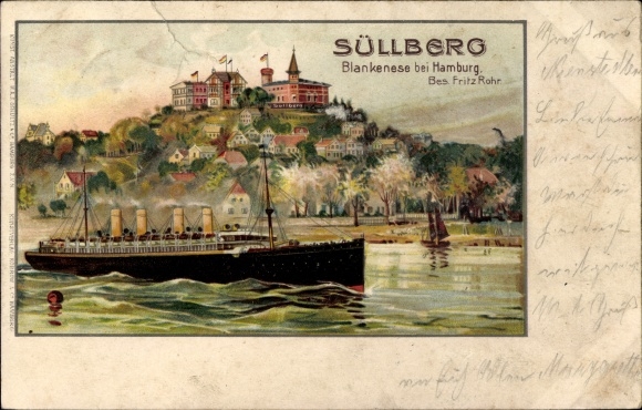 Chromo-Litho Hamburg Altona Blankenese, Süllberg, steamer on the Elbe