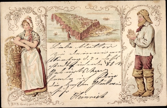 Forerunner lito wyspa Helgoland na Morzu Północnym, widok całej wyspy, rybak, kobieta w tradycyjnym stroju, 1890
