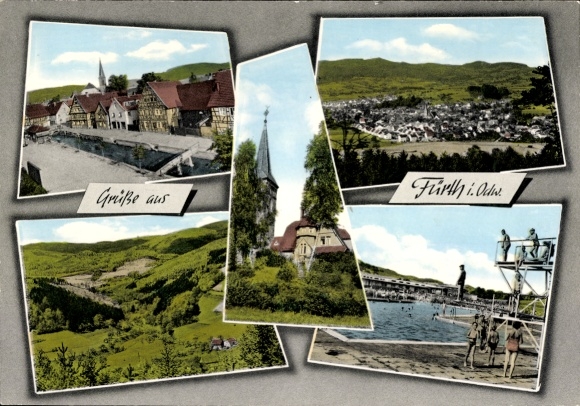 Postcard Fürth im Odenwald, partial views, church tower, swimming pool, diving tower