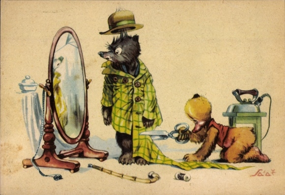 Artist Postcard Salac, AL, bears, tailor, dress, iron, mirror
