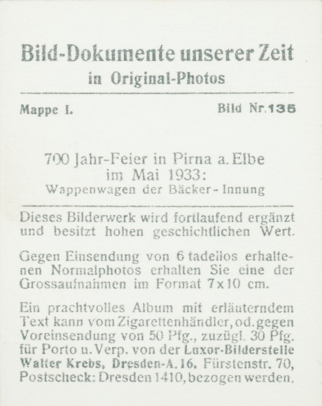 Collective image Documents of our time No. 135 Pirna, 700th anniversary 1933, bakers&#39; guild, coat of arms wagon