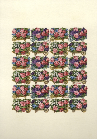 Oblate, Block, M & S Nr. 6020, Schubkarren, Rosen, Vergissmeinnicht, Maiglöckchen, 18 x 16 cm