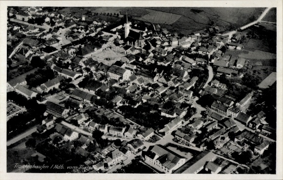 Postcard Frontenhausen in Lower Bavaria, aerial view of structured cityscape, churches, fields