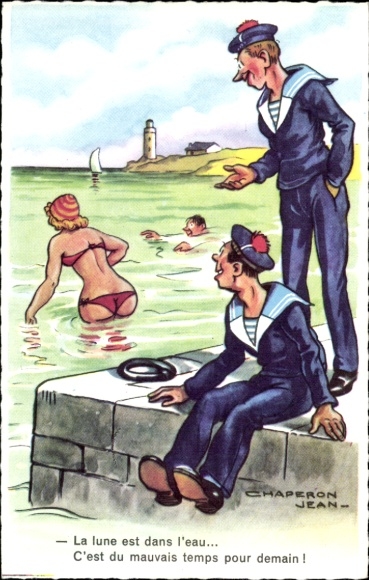 Artist Postcard Chaperon, Jean, woman in bikini, sailors, sailors, the moon is in the water