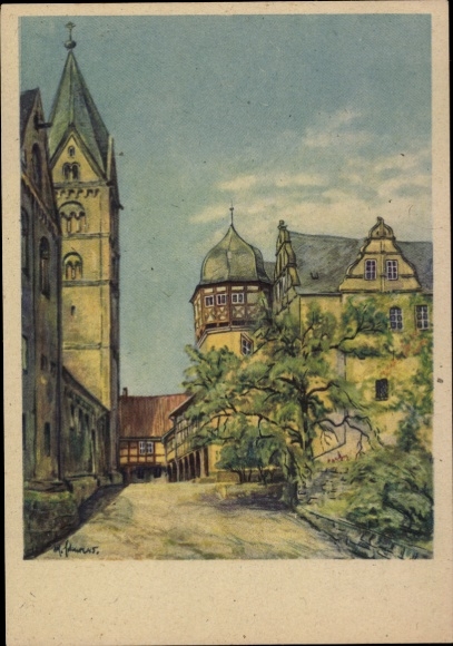 foto Quedlinburg in het Harzgebergte, kasteel en kathedraal, tempera van M. Schewe, landschap, bomen, gebouwen