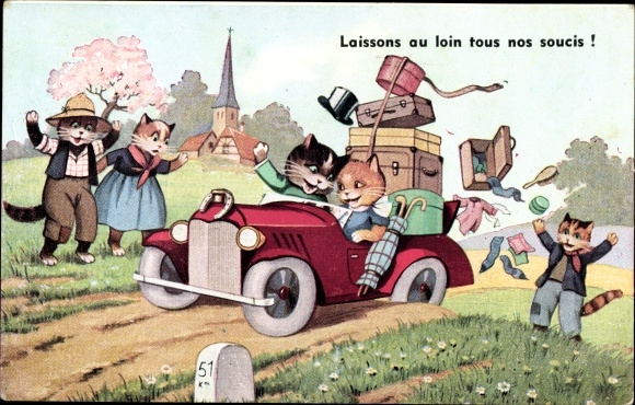 Postcard Vermenschlichte Katzen im Automobil, Gepäck, Let&#39;s leave all no worries behind