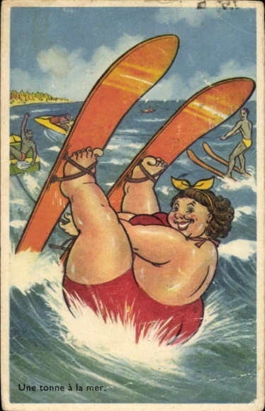Postcard Fat woman in a red swimsuit water skiing