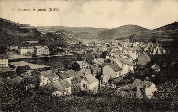 Postcard Adenau in the Eifel, climatic health resort Adenau (Eifel), old buildings, hilly landscape
