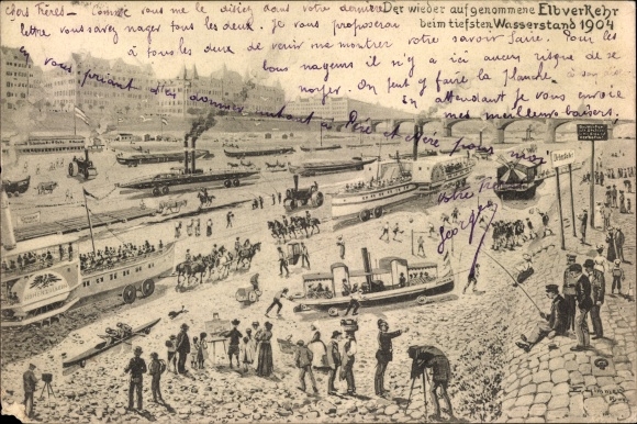 Postcard Dresden Altstadt, Elbe traffic resumed at the lowest water level in 1904