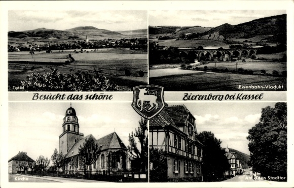 Coat of arms Postcard Zierenberg in Hesse, general view, railway viaduct, at the old town gate, church